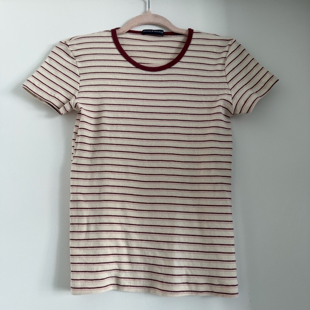 Brandy Melville Cream and Burgundy Striped Short Sleeve Tee